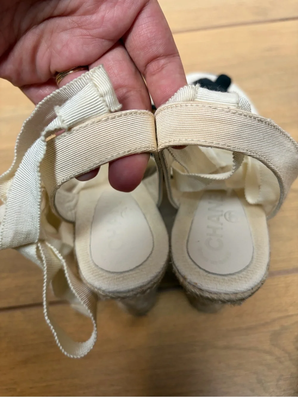 Chanel Cream and Black Camellia Flower Espadrille Wedges Ballerina Ribbon Ties